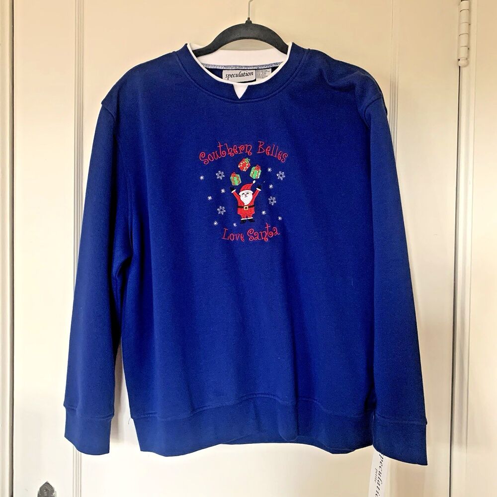 Vintage Christmas Sweatshirt Women’s PXL Blue Embroidered Love Santa 90s NWT